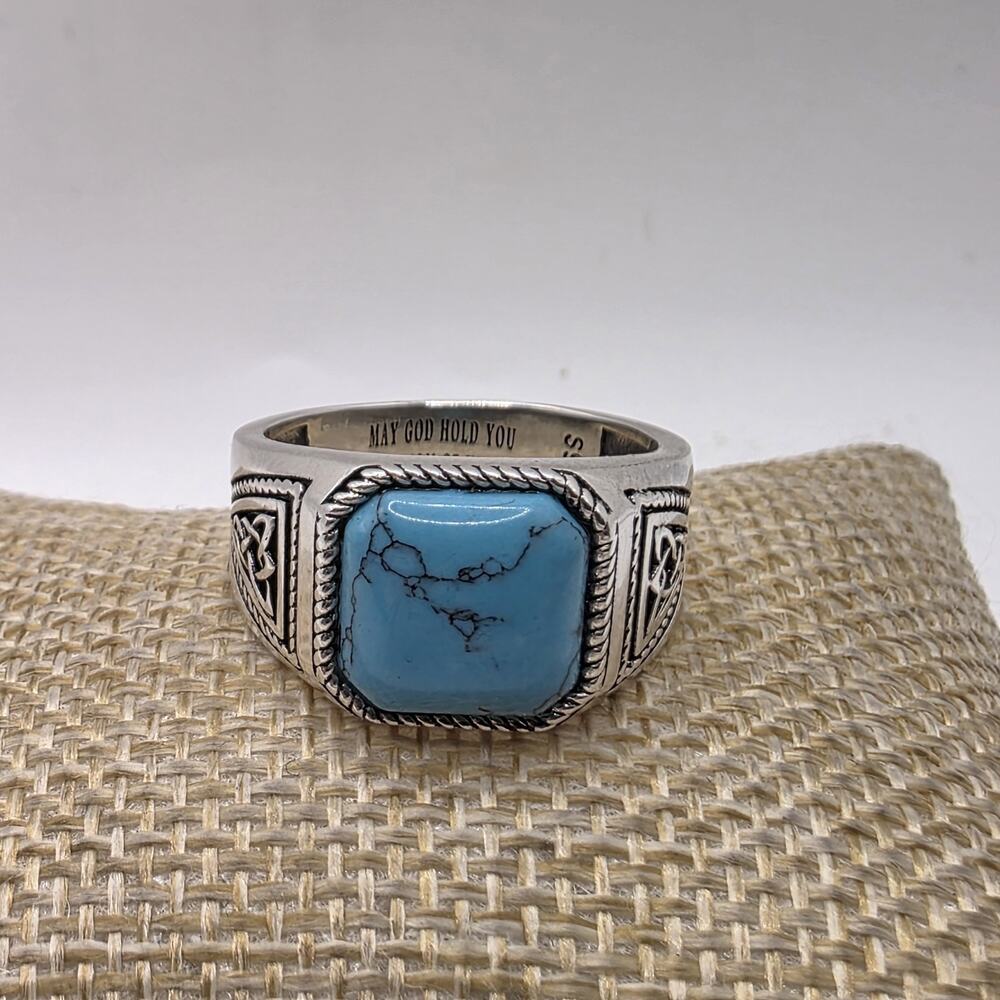 Sterling Silver Turquoise Ring Celtic Pattern Irish Blessing Inscription Ring 10